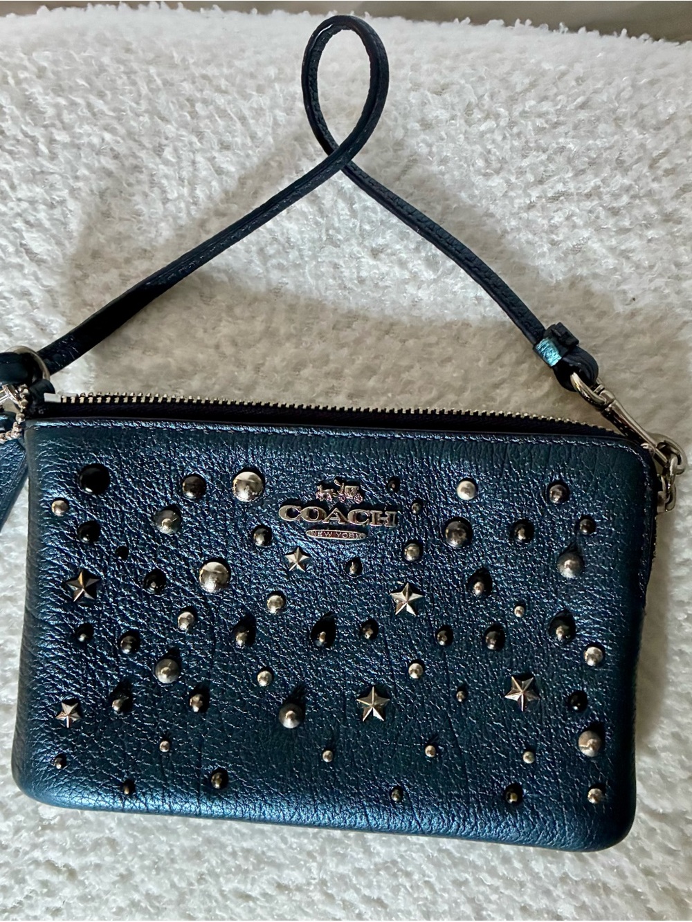 COACH Metallic Teal Blue Studded Leather Wristlet